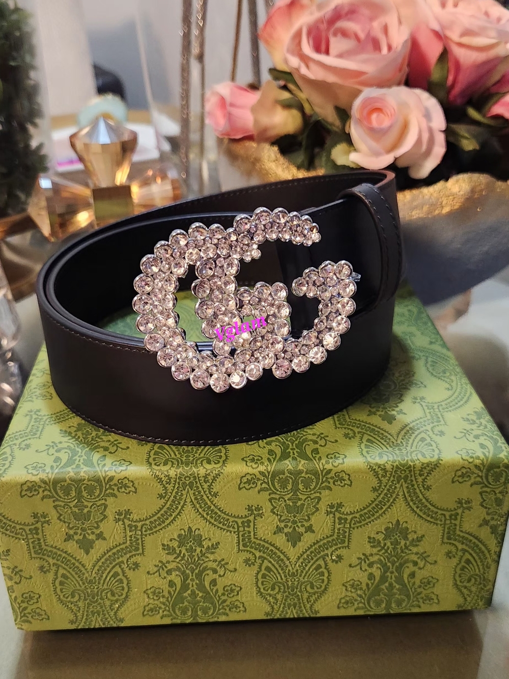 Crystal GG Buckle Black Leather Women’s Belt